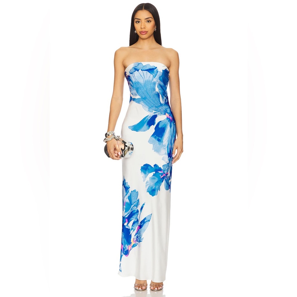 Rococo Sand x Revolve NWT White Blue Floral Strapless Satin Maxi Dress Small